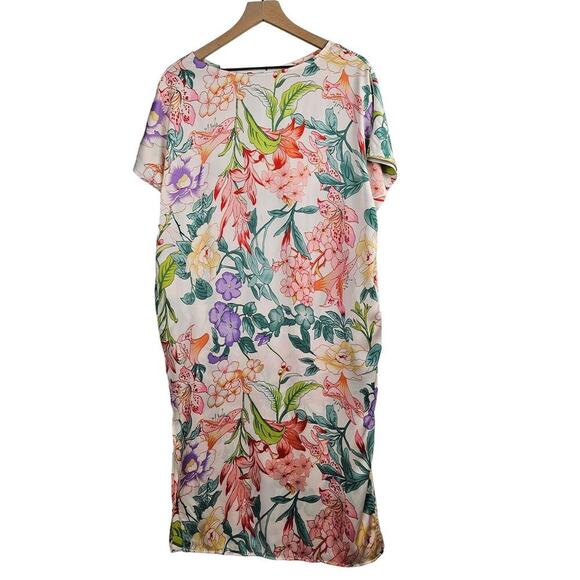 Mya‎ Satin Floral Slip Midi Dress Nightgown L Beige Multicolor Botanical - Picture 1 of 7